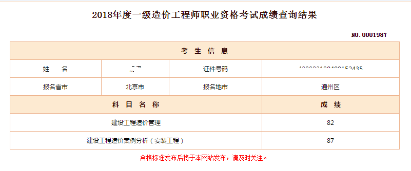 2018年一級(jí)造價(jià)工程師考試成績(jī)